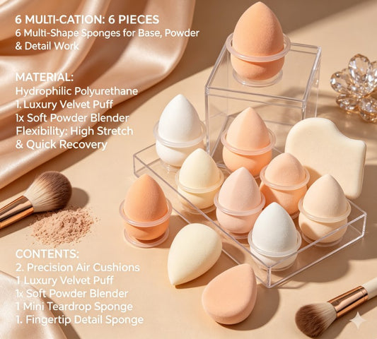 6‑Piece Premium Makeup Sponge Collection｜High‑Resilience Beauty Blenders for Smooth, Blended Foundation & Even Complexion