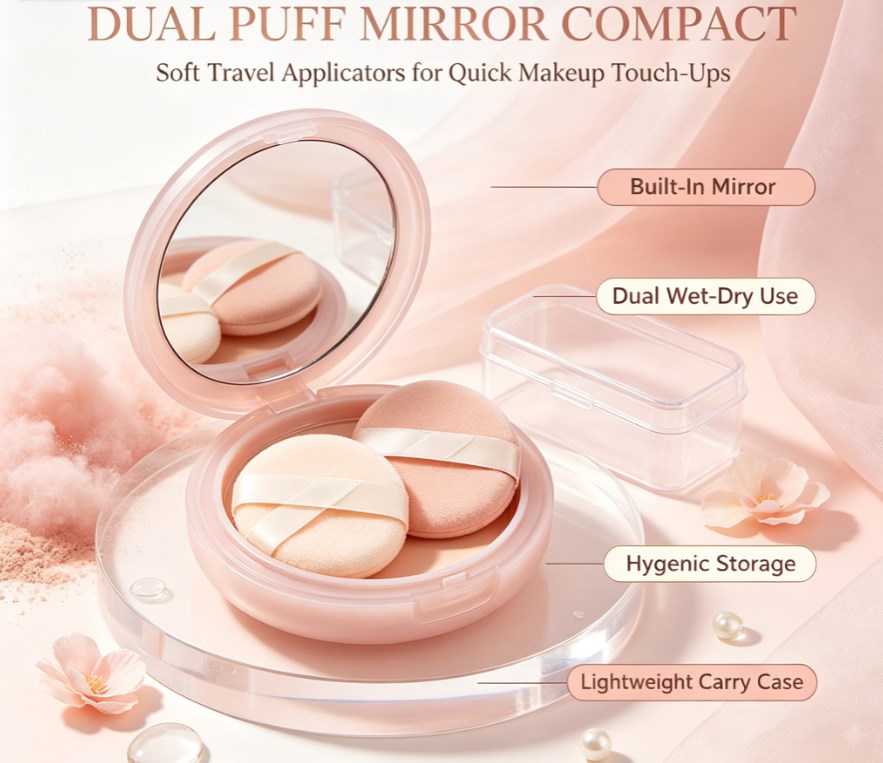 Dual‑Unit Compact Makeup Applicator With Integrated Mirror｜Ultra‑Soft Foundation Puffs, Portable Cosmetic Tool For Quick On‑Location Makeup Refreshes