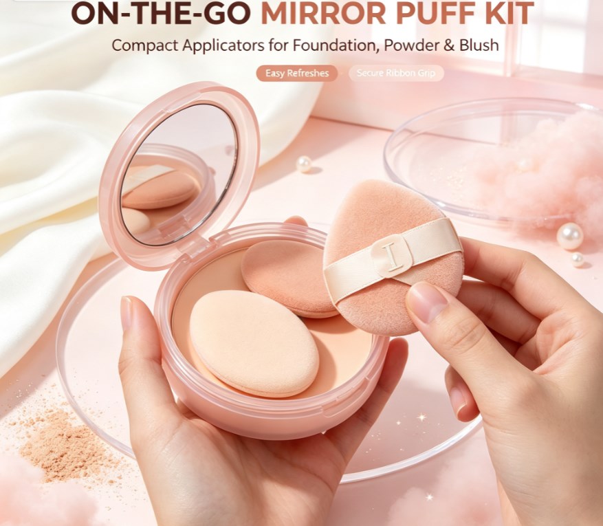 Dual‑Unit Compact Makeup Applicator With Integrated Mirror｜Ultra‑Soft Foundation Puffs, Portable Cosmetic Tool For Quick On‑Location Makeup Refreshes