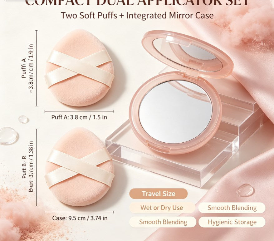Dual‑Unit Compact Makeup Applicator With Integrated Mirror｜Ultra‑Soft Foundation Puffs, Portable Cosmetic Tool For Quick On‑Location Makeup Refreshes