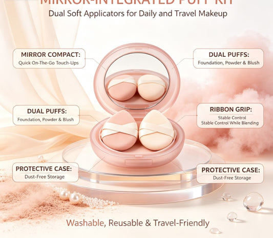 Dual‑Unit Compact Makeup Applicator With Integrated Mirror｜Ultra‑Soft Foundation Puffs, Portable Cosmetic Tool For Quick On‑Location Makeup Refreshes