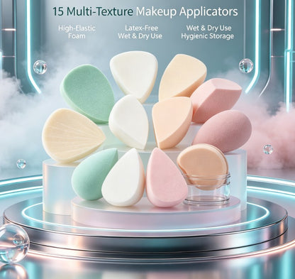 Multi‑Functional 15‑Piece Makeup Sponge & Puff Collection｜Soft Cosmetic Applicators, Precision Mini Tools and Fan Puffs for Full‑Spectrum Base Makeup