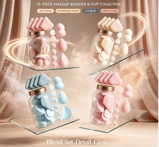 Multi‑Functional 15‑Piece Makeup Sponge & Puff Collection｜Soft Cosmetic Applicators, Precision Mini Tools and Fan Puffs for Full‑Spectrum Base Makeup